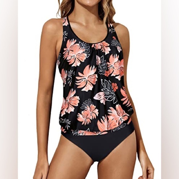 Blouson Tankini Swimsuits for Women Loose Fit Floral Modest Two Piece NWT Size M - Picture 2 of 3